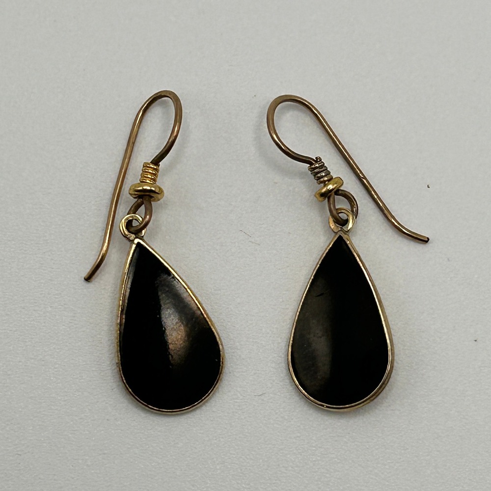 Laurel Burch Vintage Tear Black Enamel Gold Tone Dangle Drop Earrings